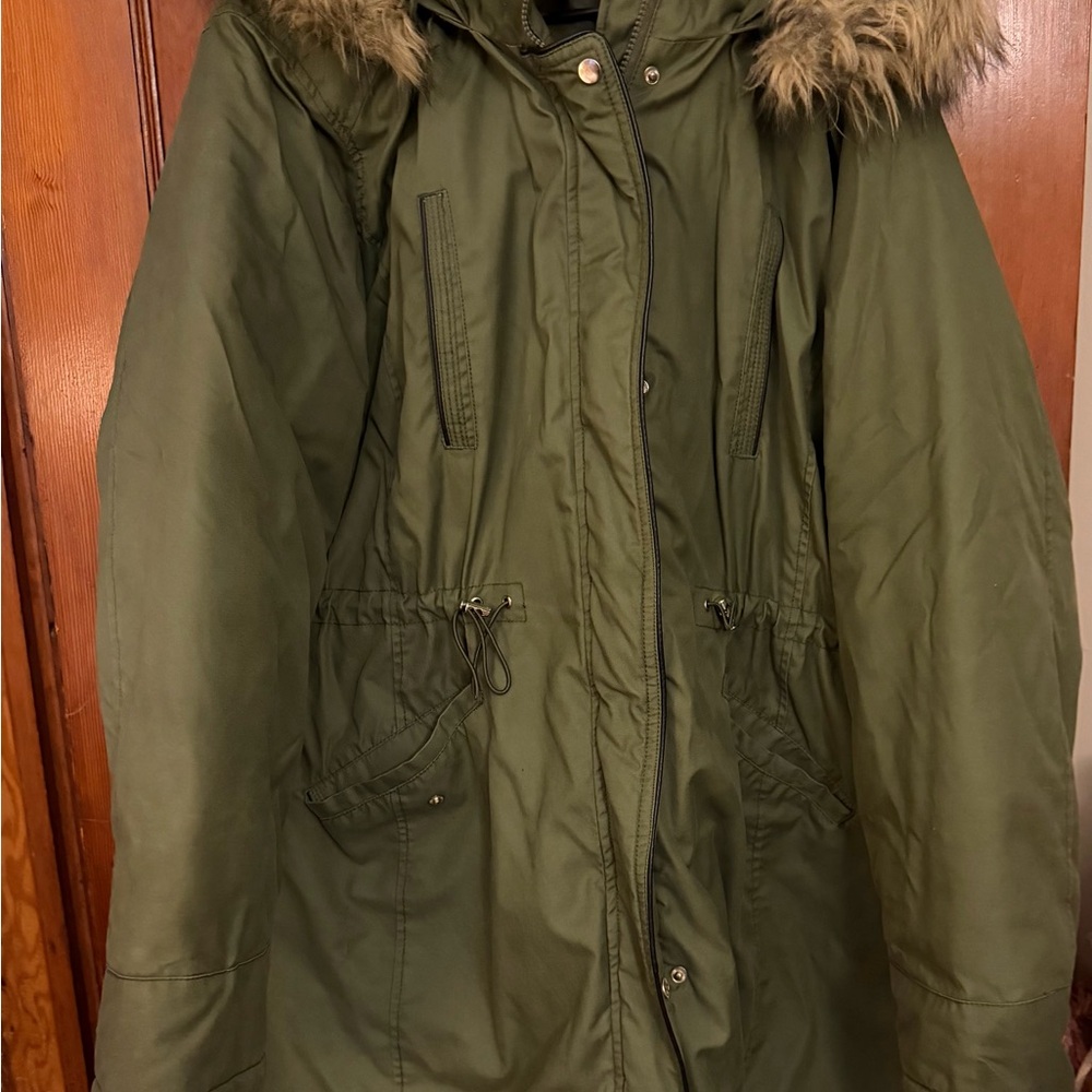 Time and Tru Green Utility Jacket with Faux Fur Trim